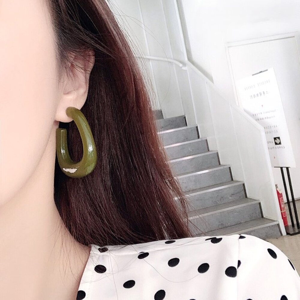 NEW Olive Green Stone Square Hoop Earrings Pierced Hoops Career Office Neutral